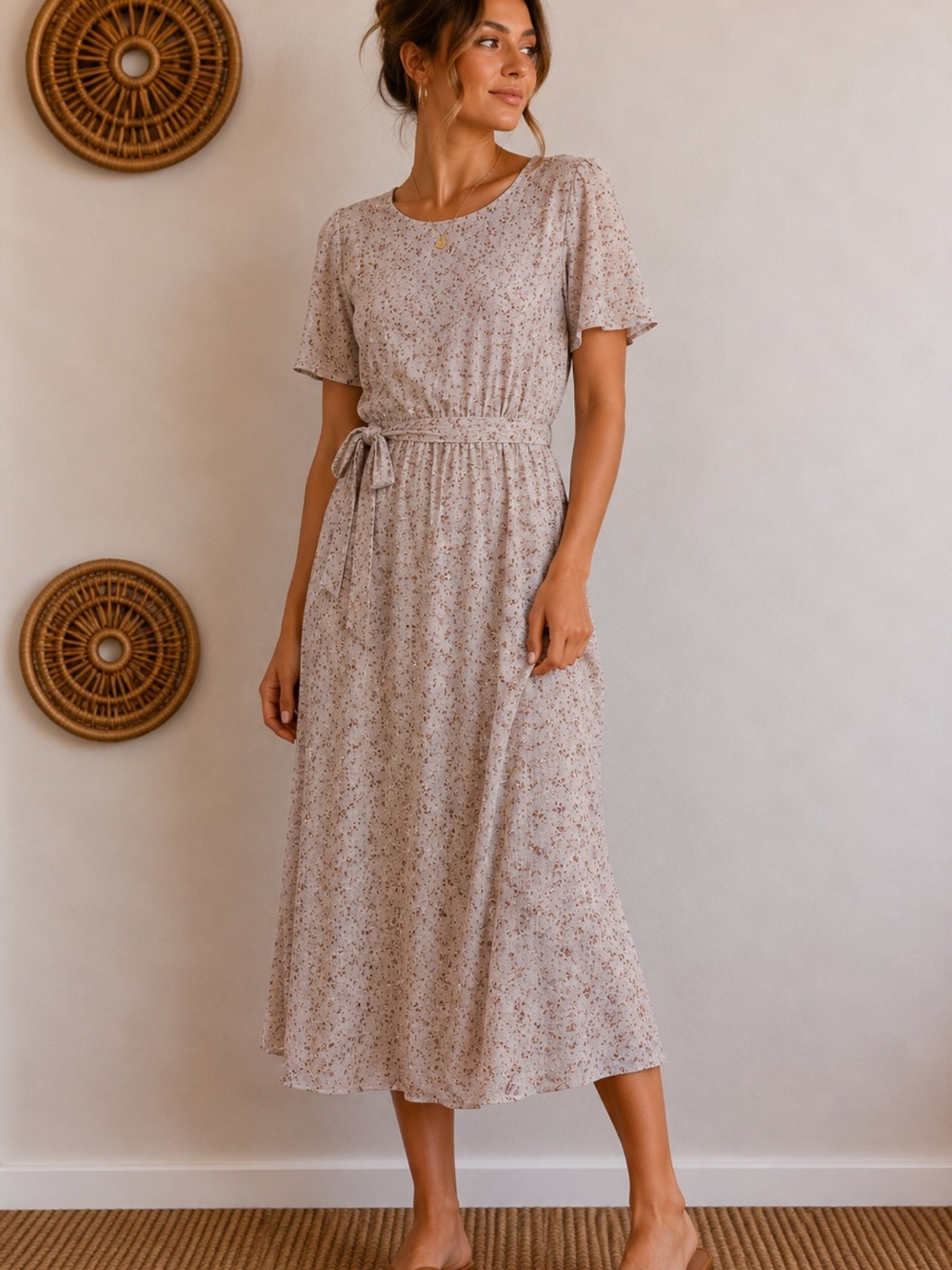 Flutter-Sleeve Floral Tie-Waist Midi Dress in Light Beige